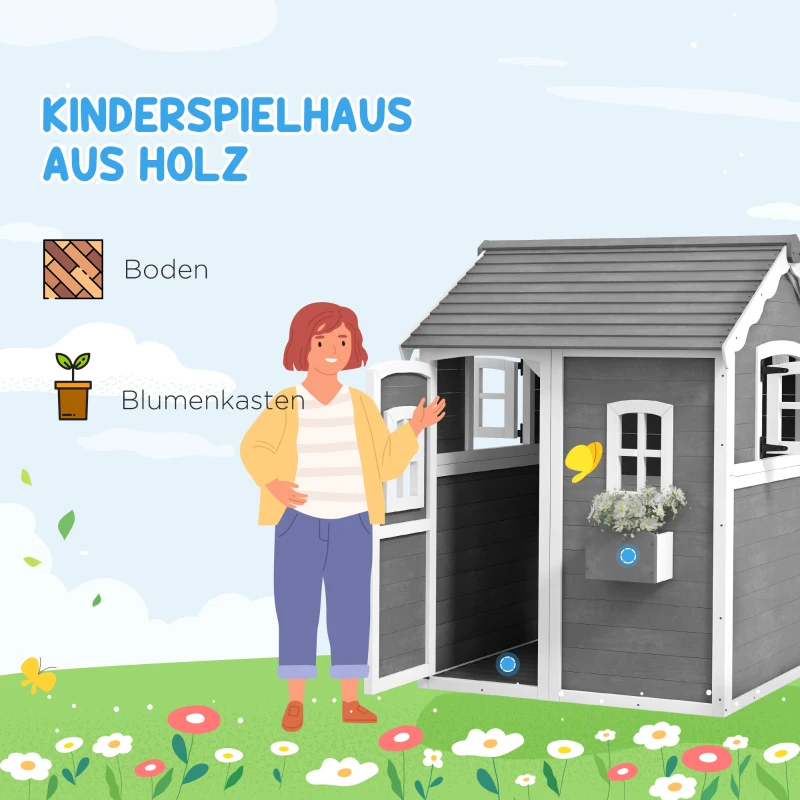 Outsunny Spielhaus für Kinder, Indoor- und Outdoor-Haus mit Tür, Fenstern und Pflanzkasten, Tannenholz, Grau(m-4)
