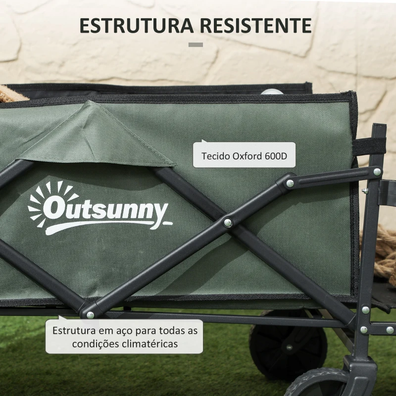 Outsunny Carrinho de Transporte com Rodas Carrinho de Jardim Dobrável com Puxador Telescópico Ajustável Porta Traseira Expansível 114x46x65-92 cm Verde