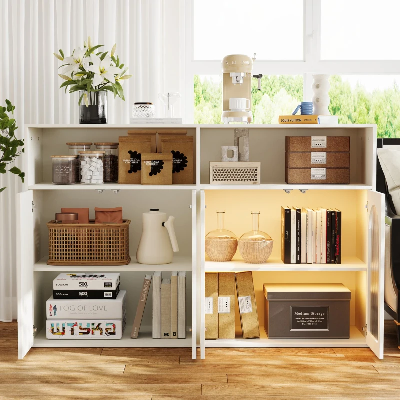 Buffet avec porte en verre, éclairage LED, pour salon et cuisine, 140×35×90 cm, Blanc