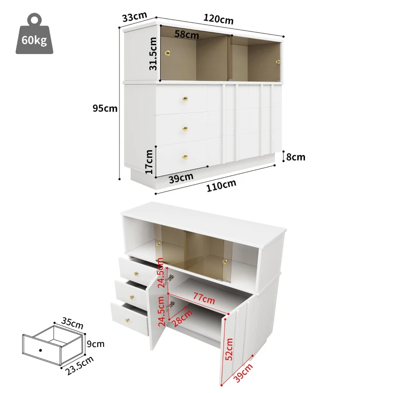 Anrichte Küchenschrank 120x95 cm mit Glastüren, Sideboard mit Regalen für Esszimmer und Wohnzimmer, weisser