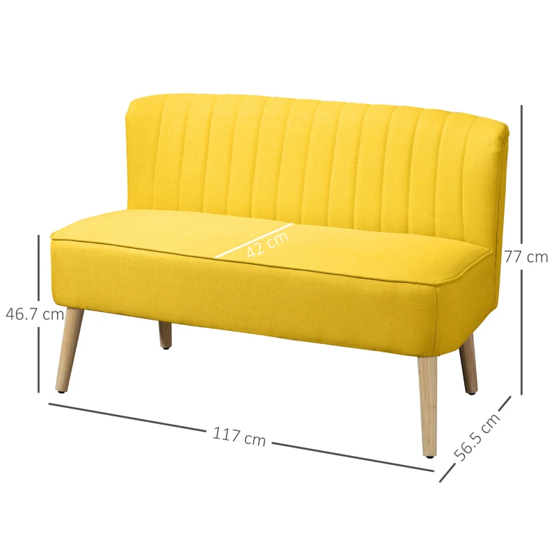 HOMCOM Canapea cu 2 Locuri din Țesătură, Fără Brațe, Canapea de Sufragerie cu Picioare din Lemn, 117x56,5x77 cm, Galben(m-3)