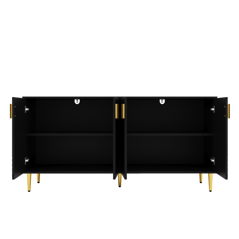 Buffet avec un design ondulé unique, poignées et pieds dorés, 152×40×75 cm, Noir
