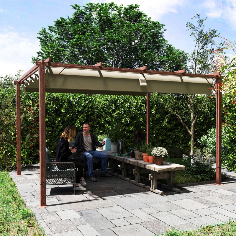 Outsunny Pergolă de Grădină cu Acoperiș Retractabil și Cadru din Aluminiu cu Aspect de Lemn, 382x300x232 cm, Lemn Natural(m-7)