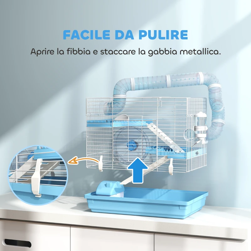 PawHut Gabbia per Criceti a 3 Piani con Casetta, Ruota, Ciotola per Cibo, Bottiglia e Tubi, Azzurro