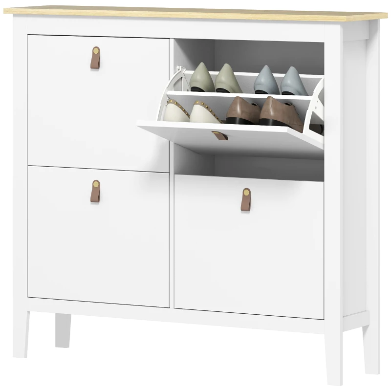 HOMCOM Zapatero Estrecho con 4 Compartimentos y Tiradores de Cuero PU para Pasillo y Recibidor 105x24x95,5 cm Blanco y Madera