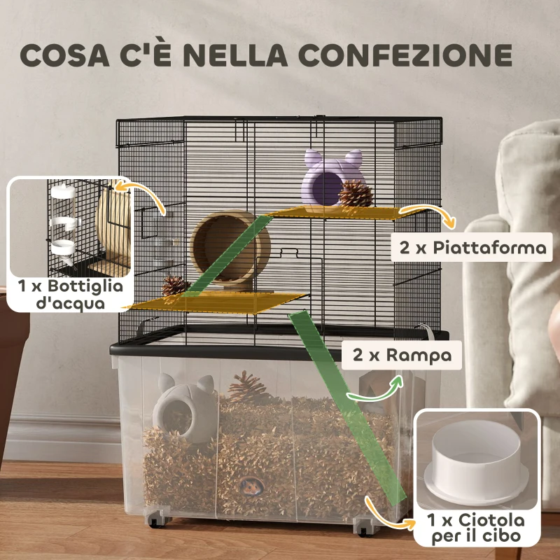 PawHut Gabbia per Criceti 3 Piani con Ruote, 2 Piattaforme, Rampe, Ciotola e Bottiglia, 58x43x74 cm, Nero