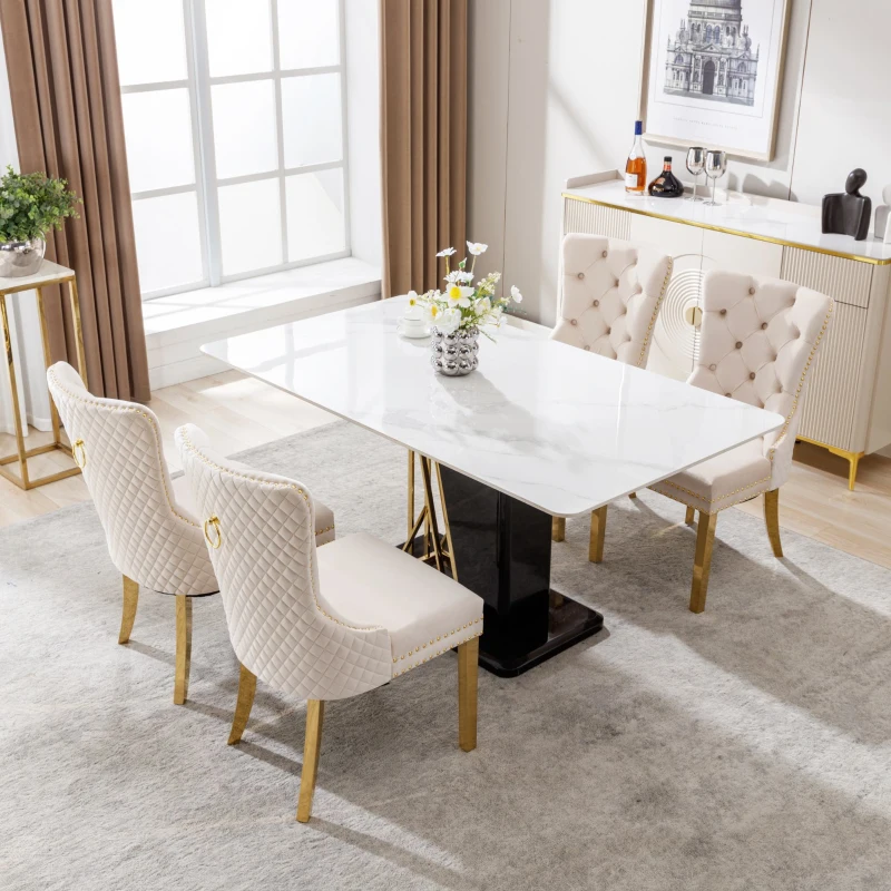 Esszimmerstühle Set aus 4 Samt Polsterstuhl mit Nagelkopfbesatz und runden Zugringen Esszimmer 95 cm Beige