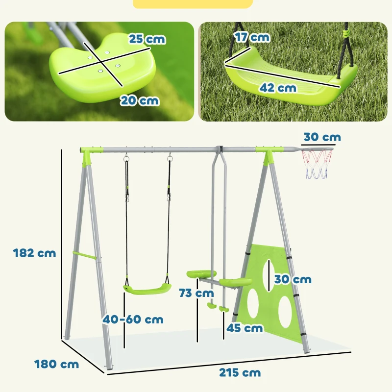 AIYAPLAY Leagăn de Grădină 4 în 1 pentru Copii cu Coș de Baschet și Poartă de Fotbal, 215x180x182 cm, Verde(m-3)