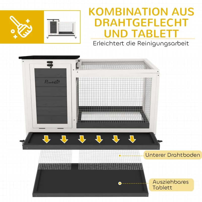 PawHut Kaninchenstall aus Holz Hasenstall mit Freilaufgehege Rädern Klappdach für Innen, draußen 92 x 52 x 67 cm Dunkelgrau(m-4)