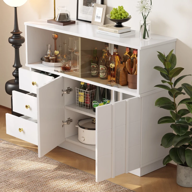 Anrichte Küchenschrank 120x95 cm mit Glastüren, Sideboard mit Regalen für Esszimmer und Wohnzimmer, weisser