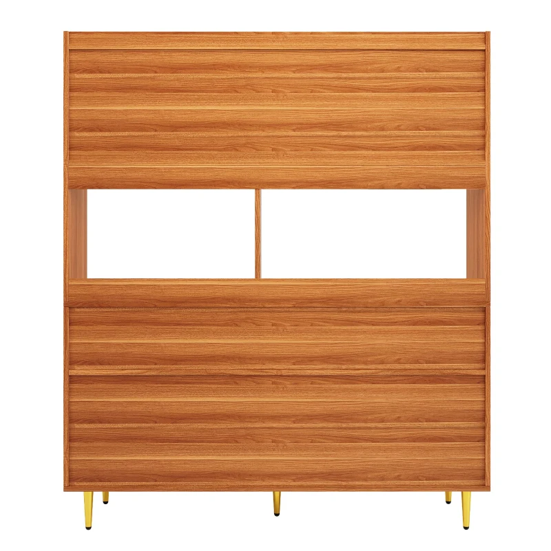Mobile alto per la sala da pranzo, dotato di porte in vetro e portabicchieri da vino, spazio di stoccaggio multistrato, 145×39×171 cm, Colore noce