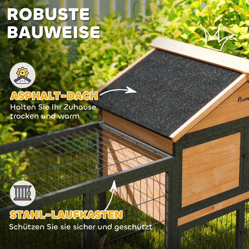 PawHut Hasenstall 2 Ebenen Kaninchenstall aus Vollholz Winterfest Doppelstockhaus mit Freilaufgehege 217x53x86 cm Gelb(m-5)