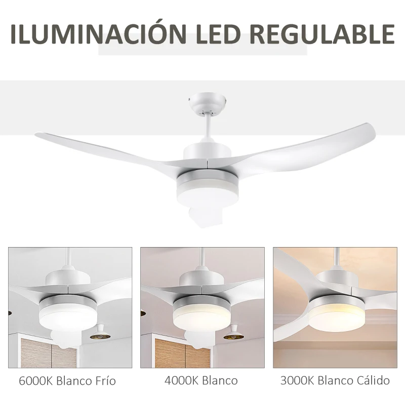 HOMCOM Ventilador de Techo 20,5W con Mando a Distancia Luz LED y 3 Aspas Reversibles 6 Velocidades Ø132x40 cm Blanco