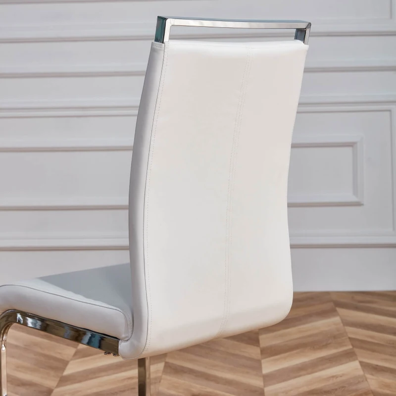 Set de 4 scaune de sufragerie cantilever, structură din metal cromat, spătar din piele PU, 42x54x100 cm, Alb