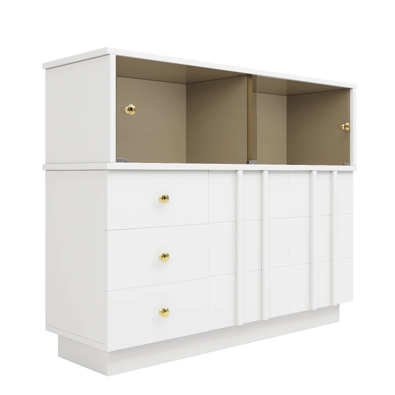 Anrichte Küchenschrank 120x95 cm mit Glastüren, Sideboard mit Regalen für Esszimmer und Wohnzimmer, weisser