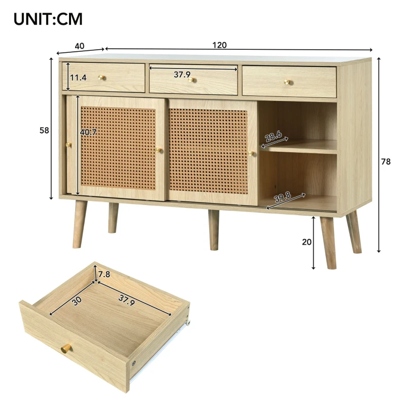 Buffet avec 3 tiroirs et 3 portes coulissantes, rotin tressé, 120×40×78 cm, Couleur naturelle(m-3)