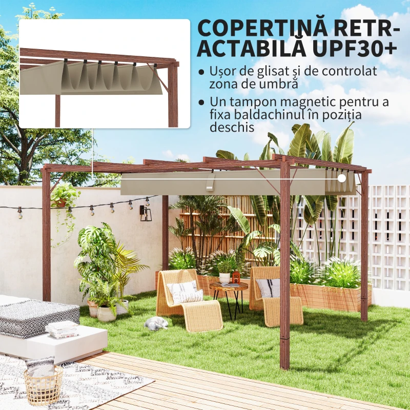 Outsunny Pergolă de Grădină cu Acoperiș Retractabil și Cadru din Aluminiu cu Aspect de Lemn, 382x300x232 cm, Lemn Natural(m-4)