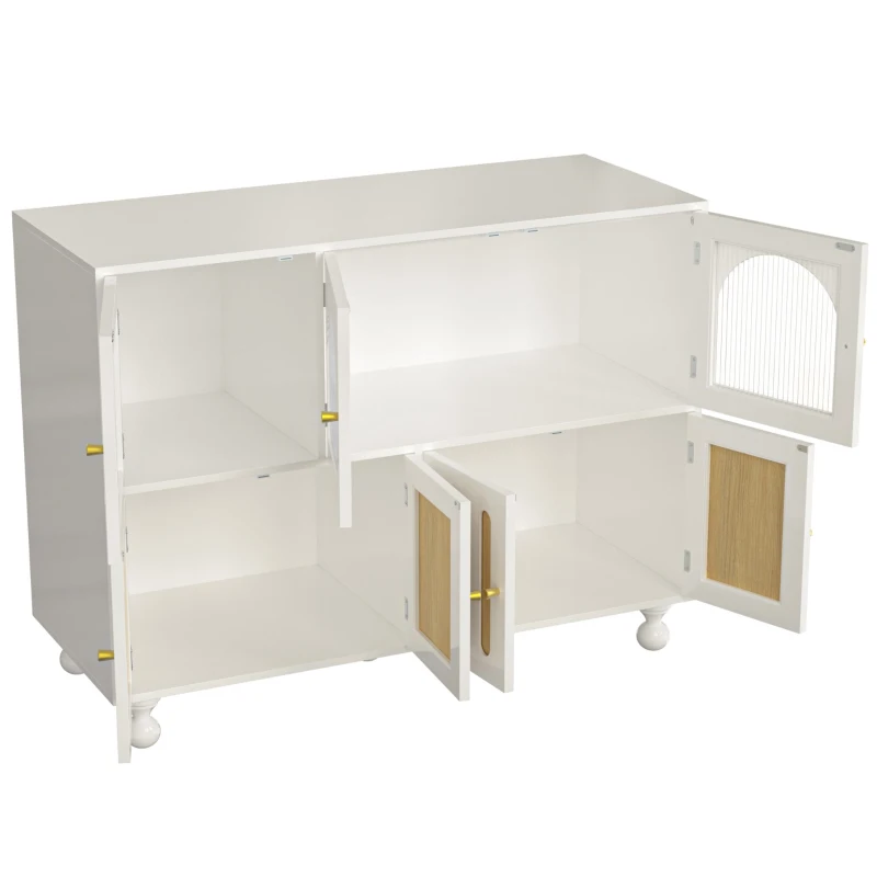 Buffet moderne avec design de touches de piano, porte en verre, pieds en colonnes rondes, 120×40×90 cm, Blanc