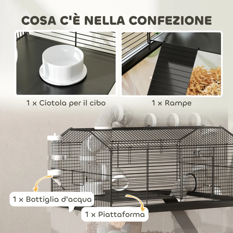 PawHut Gabbia per Criceti a 2 Piani con Ruote, Tubi, Ciotola, Bottiglia e Rampa, 58x43x57 cm, Nero