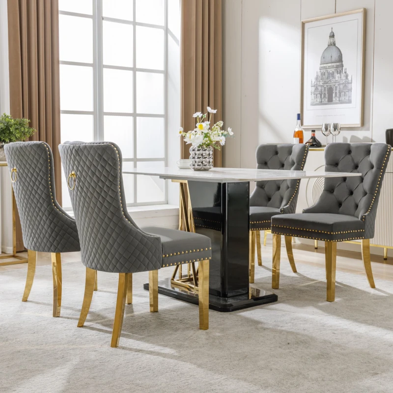 Juego de 4 Sillas de Comedor con Tachuelas Decorativas, Tapizado Capitoné en Terciopelo, 51x65,5x95 cm, Gris