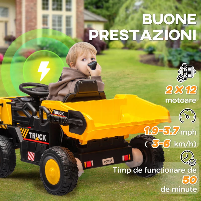 AIYAPLAY Camion pentru Copii 3-5 Ani cu Muzică, Faruri și Roți cu Suspensii, 97x63x53 cm, Galben(m-6)
