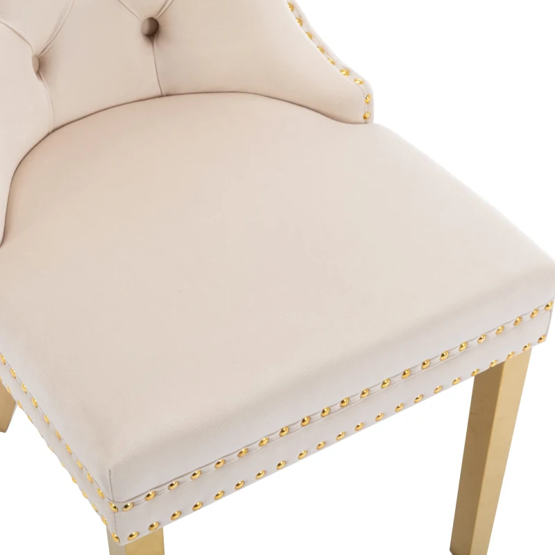 Esszimmerstühle Set aus 4 Samt Polsterstuhl mit Nagelkopfbesatz und runden Zugringen Esszimmer 95 cm Beige