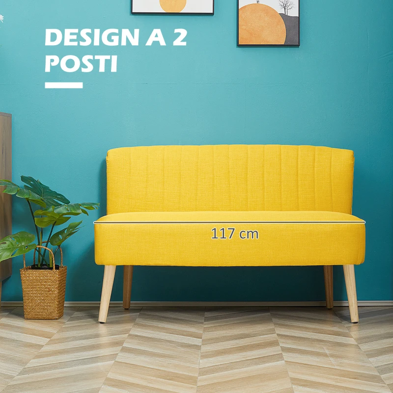 HOMCOM Divano 2 Posti Moderno in Tessuto Senza Braccioli con Gambe in Legno, 117x56.5x77 cm, Giallo