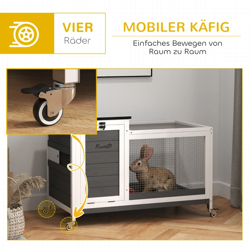 PawHut Kaninchenstall aus Holz Hasenstall mit Freilaufgehege Rädern Klappdach für Innen, draußen 92 x 52 x 67 cm Dunkelgrau(m-6)