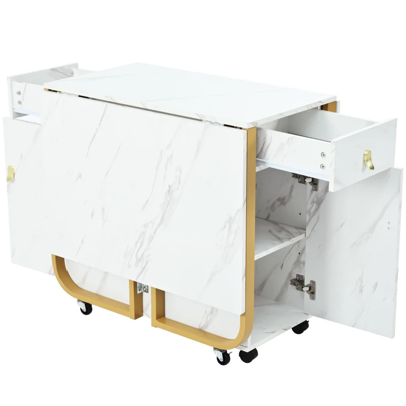 Table à manger pliable polyvalente avec roulettes, 150×80×76 cm, Blanc+Or