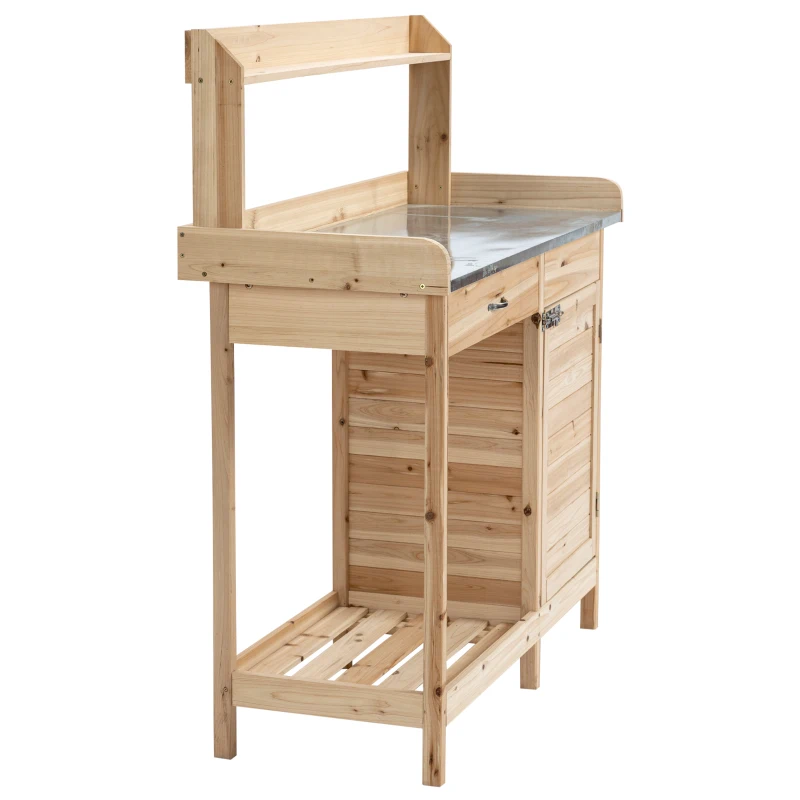Outsunny Pflanztisch mit verzinkter Arbeitsplatte Gärtnertisch mit Schublade Schrank Garten Arbeitstisch Massivholz Natur 112 x 48 x 125 cm