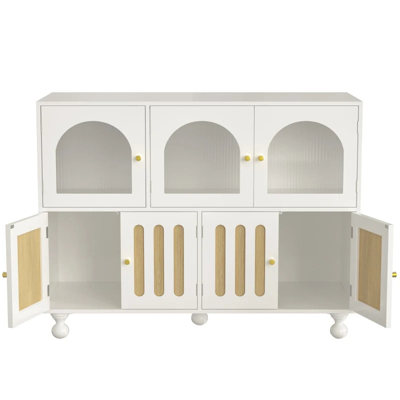 Buffet moderne avec design de touches de piano, porte en verre, pieds en colonnes rondes, 120×40×90 cm, Blanc