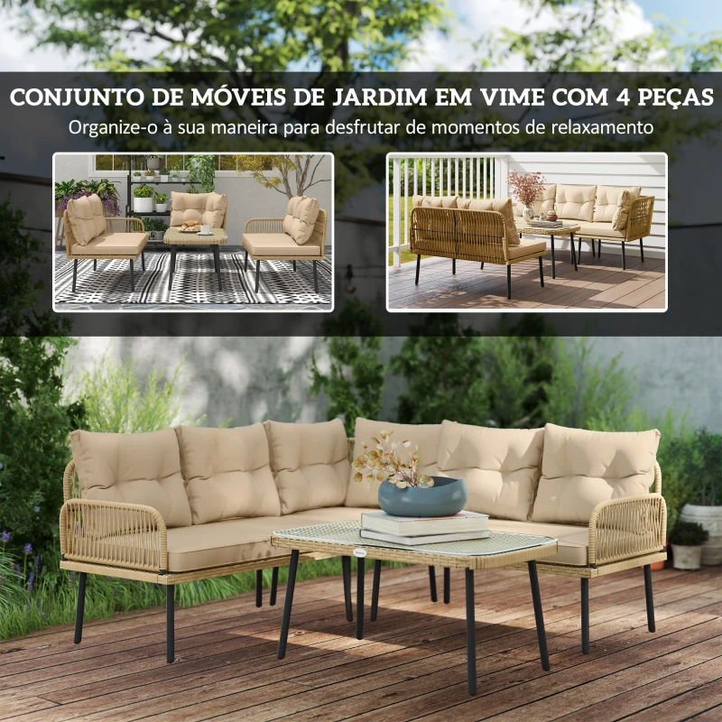 Outsunny Conjunto de Jardim de Vime Sintético de 4 Peças Inclui 2 Sofás de 2 Lugares 1 Canto de Sofá 1 Mesa de Centro Madeira e Bege
