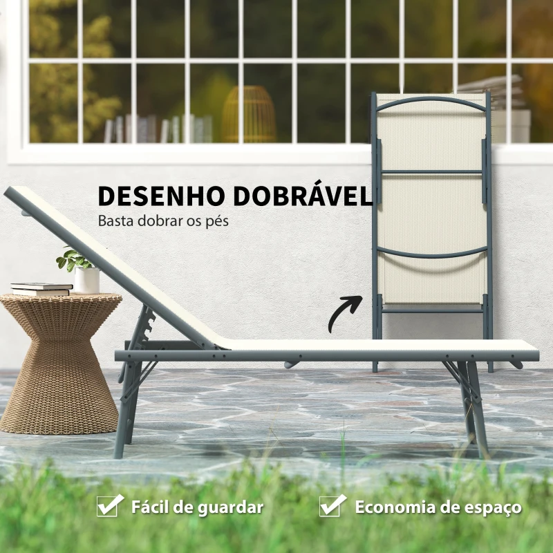 Outsunny Conjunto de 2 Espreguiçadeiras Jardim Dobráveis e Reclináveis em 5 Posições 164x54x84 cm Creme