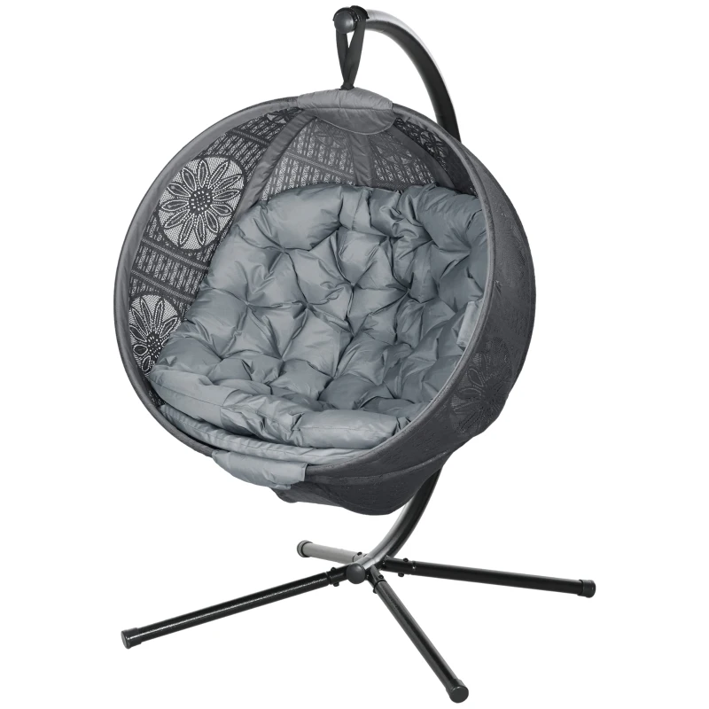 Outsunny Round Egg Basket Chair, with Steel Stand, Charcoal Grey