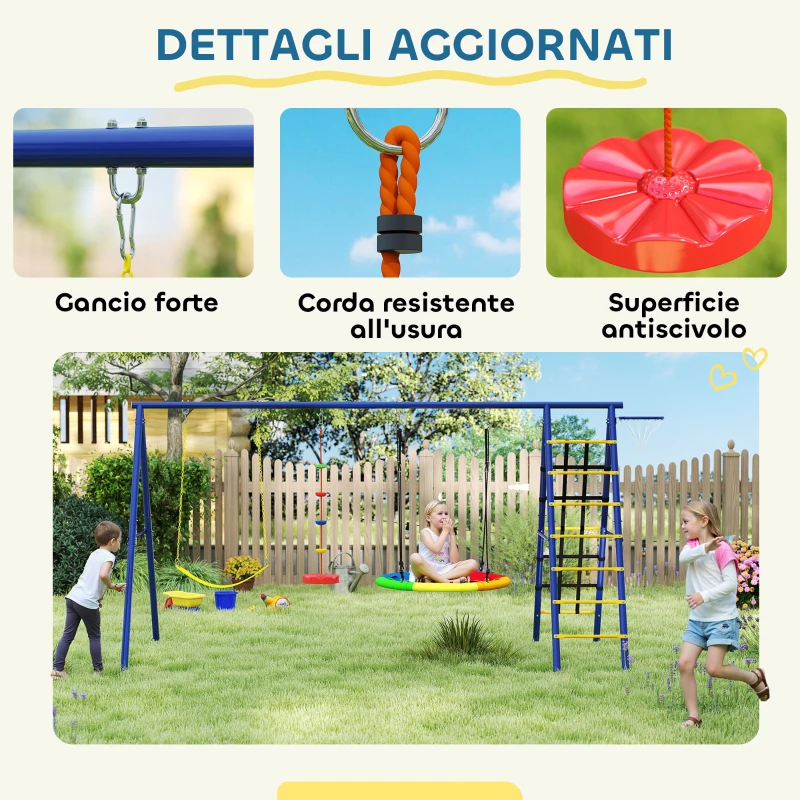 AIYAPLAY Gioco per Bambini 3-8 Anni con 3 Altalene, Scala a Corda e Canestro Basket, in Acciaio, PE e PP, 3.5x1.8x2 m