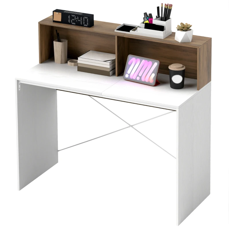 HOMCOM Scrivania PC Moderna con Piano Rialzato e 2 Ripiani, in Truciolato, 110x50x102.6 cm, Bianco, Marrone e Noce