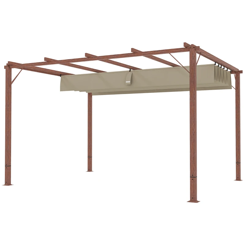 Outsunny Pergolă de Grădină cu Acoperiș Retractabil și Cadru din Aluminiu cu Aspect de Lemn, 382x300x232 cm, Lemn Natural(m-10)