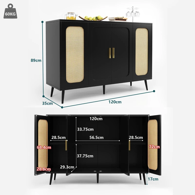 Buffet avec design en rotin, avec portes blister et étagères réglables, 120×35×89 cm, Noir