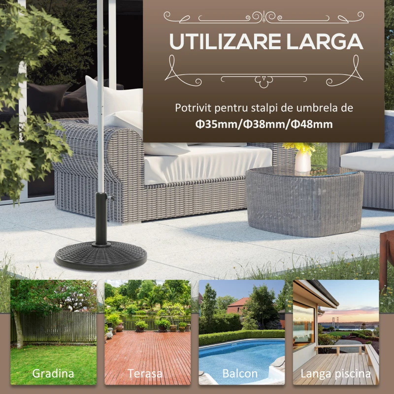 Outsunny Bază pentru Umbrelă cu Stîlpi de Ø38/48 mm din Plastic cu Efect de Ratan, Ø44.5x32 cm, Negru