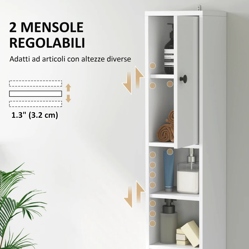 HOMCOM Colonna Bagno Salvaspazio con 2 Armadietti, 3 Ripiani Aperti e Cassetto, in Legno, 20x20x178 cm, Bianco