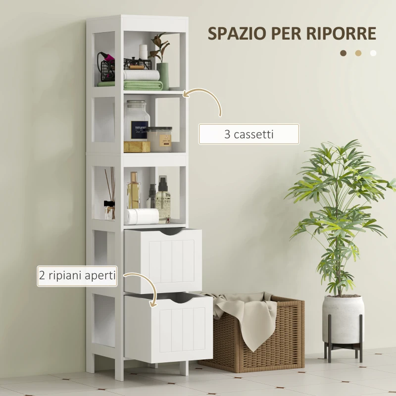 HOMCOM Mobile Bagno con 3 Ripiani Aperti e 2 Cassetti in Legno, 30x30x141.2 cm, Bianco