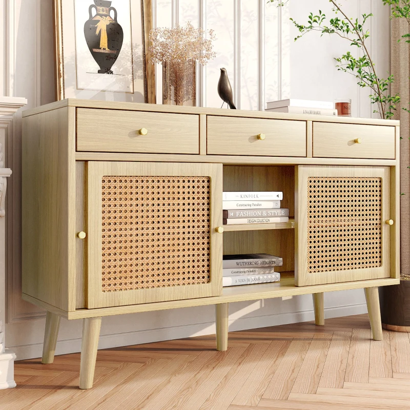 Buffet avec 3 tiroirs et 3 portes coulissantes, rotin tressé, 120×40×78 cm, Couleur naturelle(m-4)