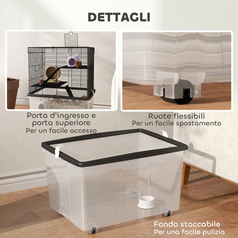 PawHut Gabbia per Criceti 3 Piani con Ruote, 2 Piattaforme, Rampe, Ciotola e Bottiglia, 58x43x74 cm, Nero