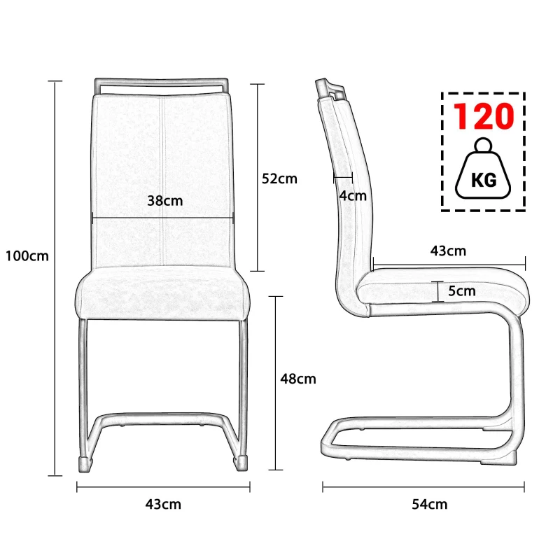 Set di 4 sedie da pranzo a sbalzo, schienale alto, 43 x 54 x 100 cm, Marrone