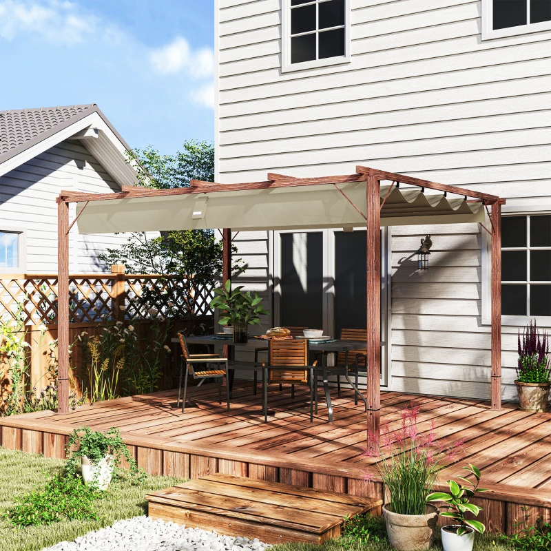 Outsunny Pergolă de Grădină cu Acoperiș Retractabil și Cadru din Aluminiu cu Aspect de Lemn, 382x300x232 cm, Lemn Natural(m-2)