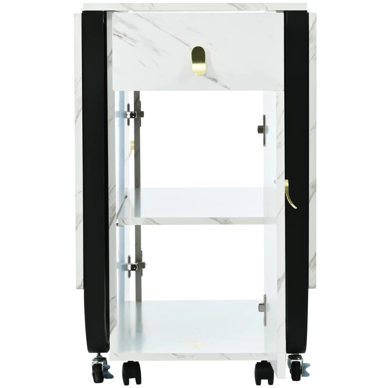 Tavolo da cucina versatile e pieghevole con ruote, con credenza e 2 cassetti, 150x80x76 cm, Bianco e Nero