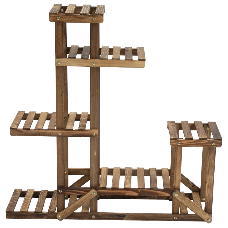 Outsunny Blumenständer Pflanzenregal 6 Ebenen Vierstufiges Blumenregal Blumentreppe Blumenleiter Massivholz Verkohlt 98 x 28 x 96,5 cm