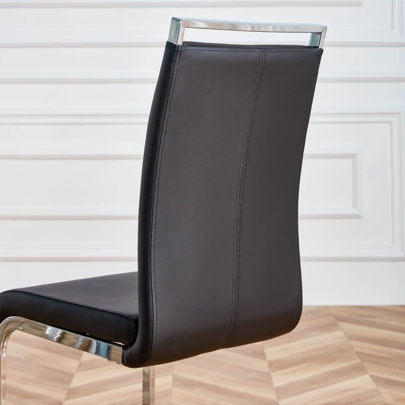 Set de 4 scaune de sufragerie cantilever, structură din metal cromat, spătar din piele PU, 42x54x100 cm, Negru