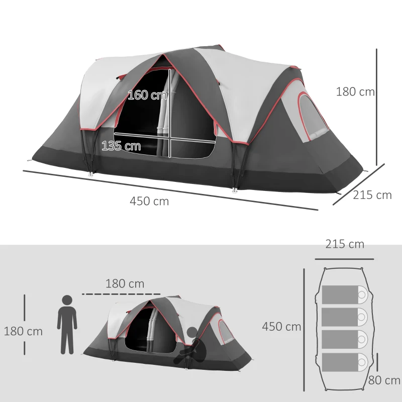 Outsunny Tenda de Campismo Familiar para 4-5 Pessoas Dobrável com 2 Quartos e Bolsa de Transporte Impermeável 450x215x180 cm Cinza