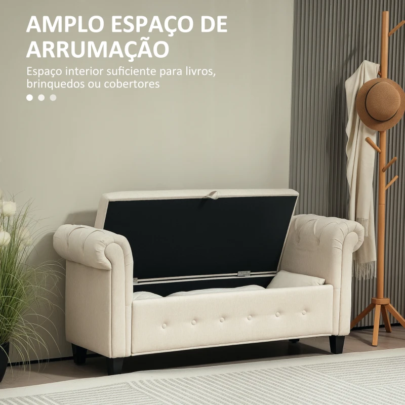 HOMCOM Banco de Pé de Cama de Linho com Dobradiças na Tampa Pés de Madeira e Apoio para os Braços 146,5x49x74,5 cm Bege